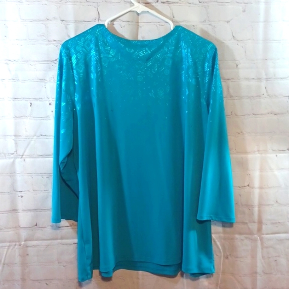 Y2K Susan Graver Embellished Print Teal Design Top 3/4 Sleeves XL - Picture 3 of 9